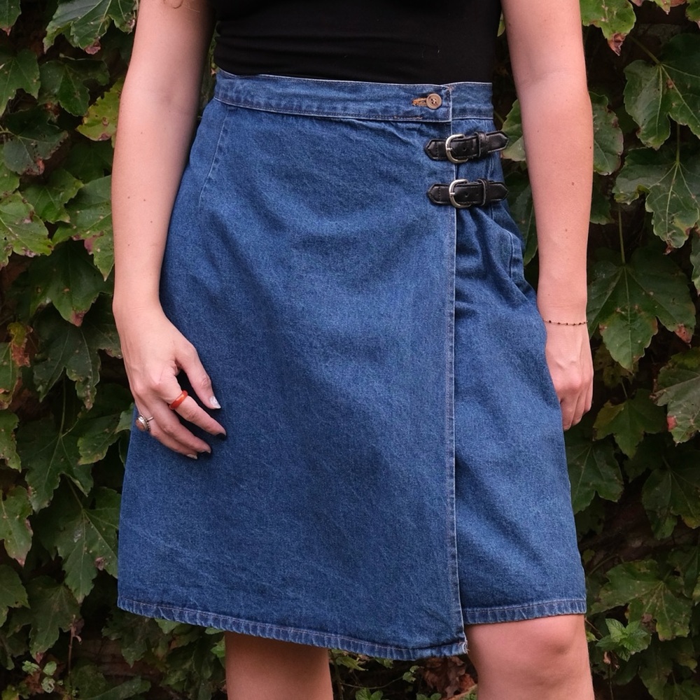 Vintage 90’s Denim Mini Wrap Skirt with Black Buckles